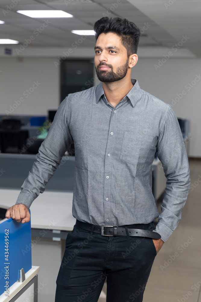 Portrait of handsome young Indian businessman casually standing against his workstation. Corporate office environment. Portrait of handsome young Indian businessman casually standing against his workstation. Corporate office environment.