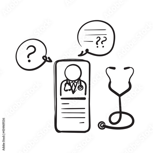 hand drawn doodle mobile and stethoscope symbol for online doctor illustration vector