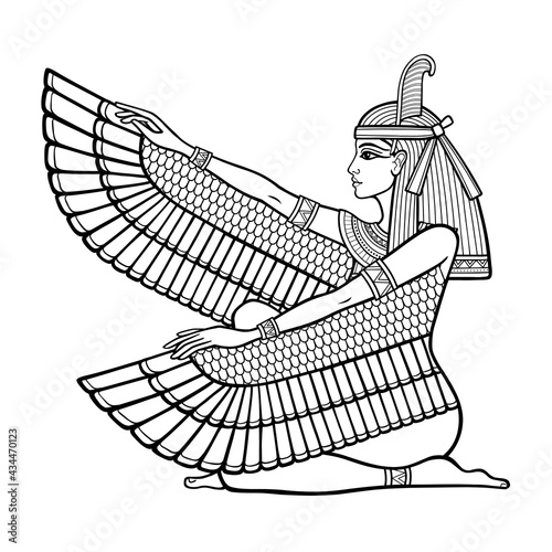 Animation linear portrait: sitting goddess of justice Maat. Profile view. Vector illustration isolated on a white background. Print, poster, t-shirt, tattoo.