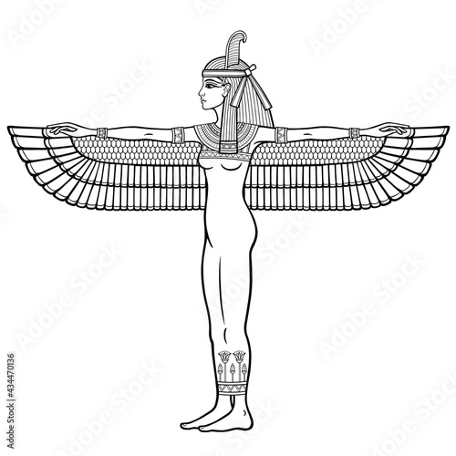 Animation linear portrait: winged goddess of justice Maat. Full growth. Profile view. Vector illustration isolated on a white background. Print, poster, t-shirt, tattoo.