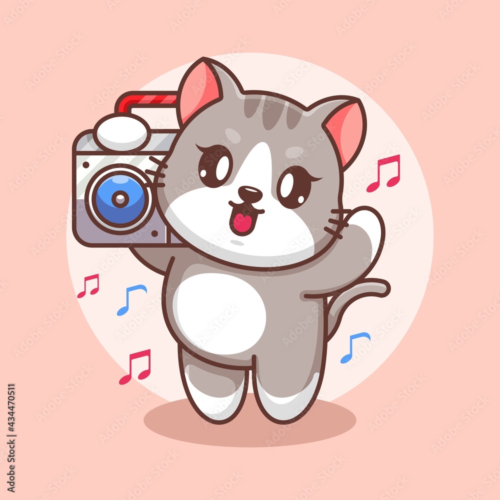 Cute cat listening music with boombox cartoon Stock Vector | Adobe Stock