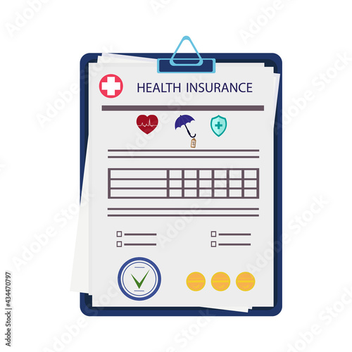 Health insurance, medical form. Paper document of registration of payment with stamp in the clipboard. Insurance coverage or payment of money in case of illness. Health safety. Vector illustration.