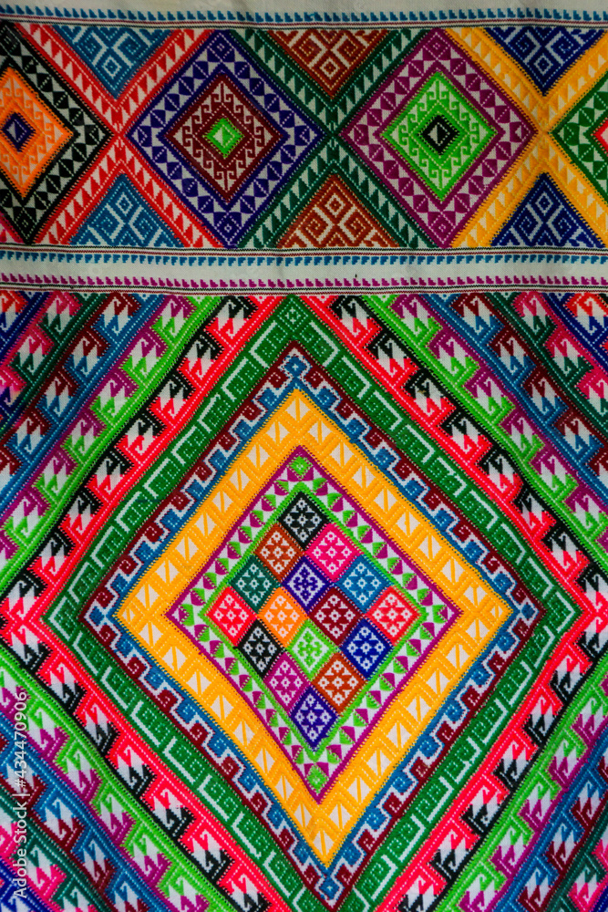 Closeup Colorful Sarongs on sale in the market,Thai Fabrics patterns,detail and color of batik fabric background