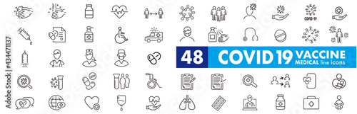 Set of Coronavirus and Vaccine line icons, covid19, Medical mask, health, contagious, epidemic, outbreak, Vector