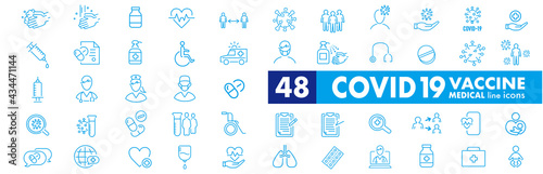 Set of Coronavirus and Vaccine line icons, covid19, Medical mask, health, contagious, epidemic, outbreak, Vector