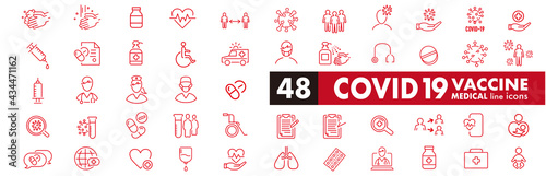 Set of Coronavirus and Vaccine line icons, covid19, Medical mask, health, contagious, epidemic, outbreak, Vector