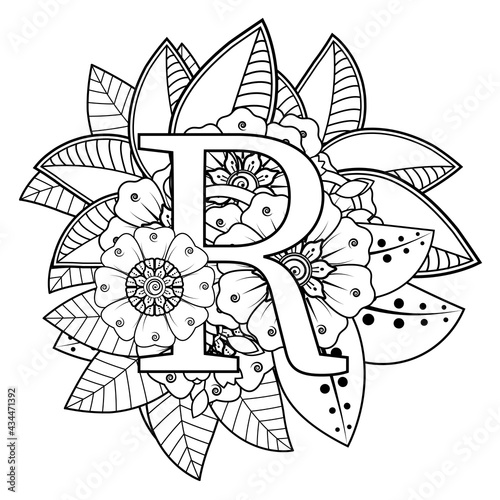 Mehndi flower for henna, mehndi, tattoo, decoration. decorative ornament in ethnic oriental style. coloring book page.