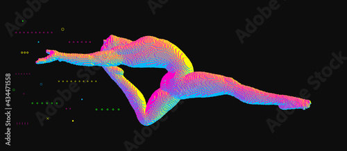 Gymnast performing an element of rhythmic gymnastics, jumping or making a jump in the air. Voxel art. 3D vector illustration for icon health and fitness community.