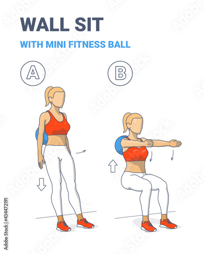 Wall Sit with Fit Mini Ball Women Home Workout Exercise Guide Illustration.