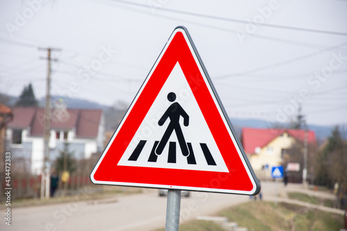 Warning sign for pedestrian crossing in Milas, Romania, Bistrita