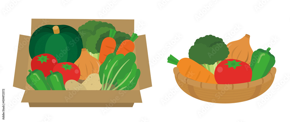 箱詰めの野菜 かごに山盛りの野菜 イラスト Stock Vector Adobe Stock