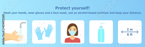 Vector illustration 'Protect yourself! Wash your hands, wear gloves and a face mask, use an alcohol-based sanitizer and keep your distance'. 5 icons set for health posters and banners.