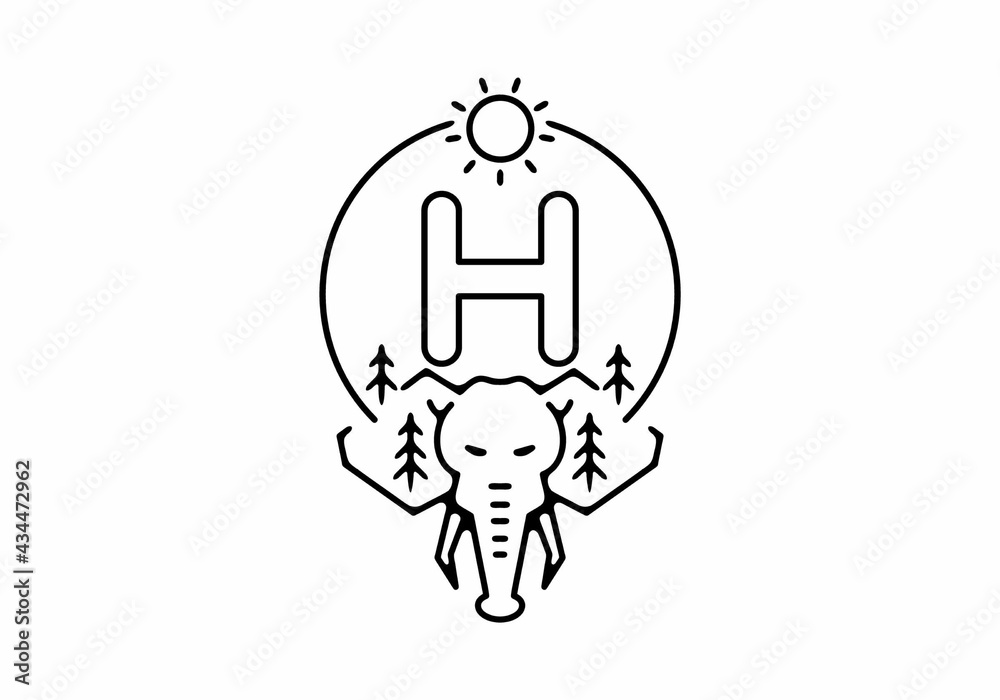 Obraz premium Black line art illustration of elephant head with H initial letter