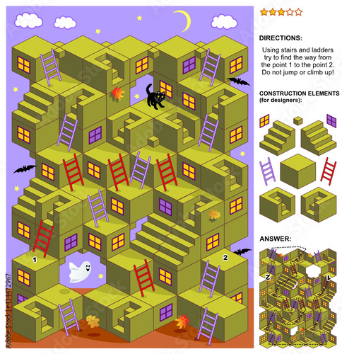 Autumn or Halloween themed 3d maze game: Using stairs and ladders try to find the way from the point 1 to the point 2. Do not jump or climb up! Answer included.
