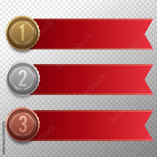 Golden silver bronze medal with red ribbon