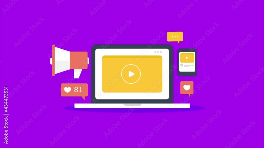Video marketing, video content promotion on social media, digital marketing strategy including video seo. 
Video advertising concept, 4k animation background.