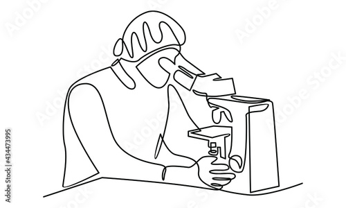Continue line of laboratory assistant looking through microscope, scientists in medical laboratory vector illustration