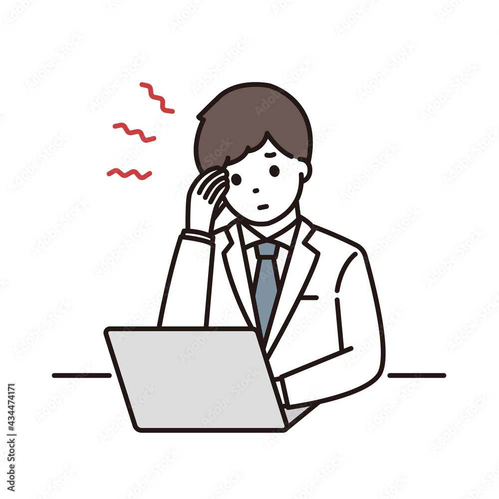 パソコンを使って頭痛に悩む男性薬剤師のイラスト Stock Vector Adobe Stock