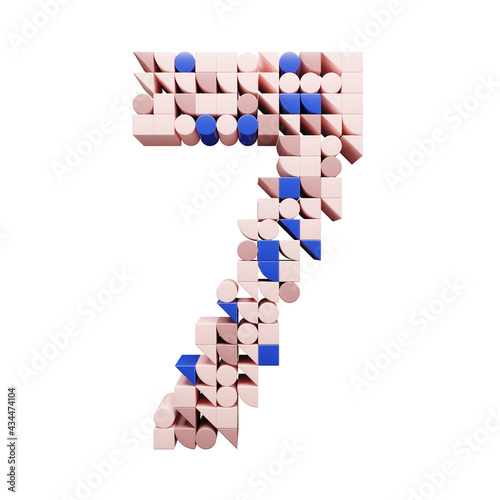 Colored geometric block digit 7. 3d render of alphabet.