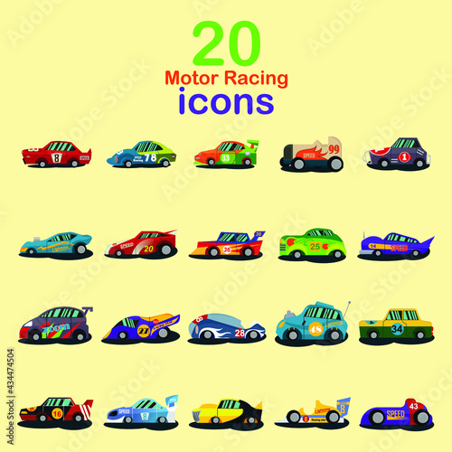 Set of colorful fast motor racing cars on a start line.