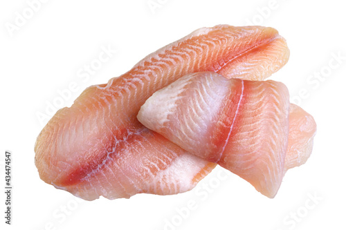 Pangasius fish fillet, boneless pieces isolated on a white background. Fresh Fish Fillet.Top view