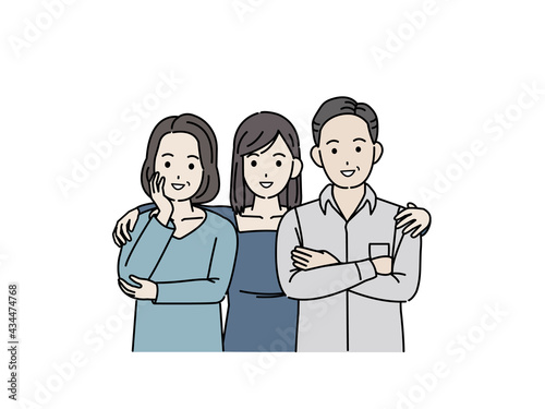 中高年の夫婦と娘　3人家族　ミドル　仲良し　イラスト素材