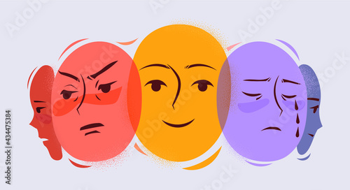 Various emotions and facial expressions of one person. Psychological concept vector illustration.
