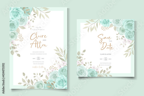 Elegant wedding invitation template with turquoise color floral ornament