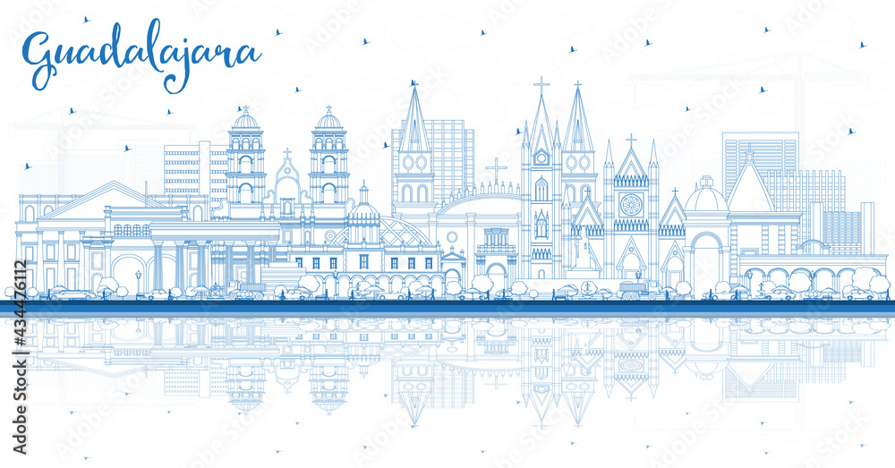 Outline Guadalajara Mexico City Skyline with Blue Buildings and Reflections.