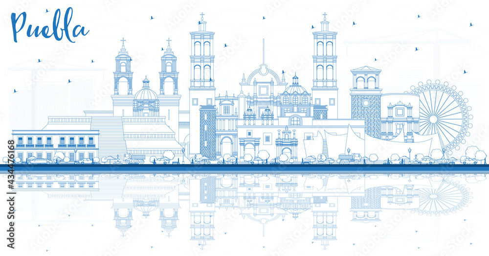 Outline Puebla Mexico City Skyline with Blue Buildings and Reflections.