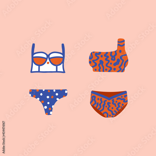 Illustration of Summer swimsuits. Colored Bikinis, beachwear. A collection of accessories for summer holidays. Underwear for women on the beach. Vector illustration