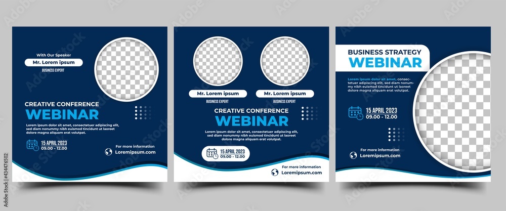 Webinar Social media post design template. Modern conference banner template with blue background and place for the photo. Vector design isolated - obrazy, fototapety, plakaty 