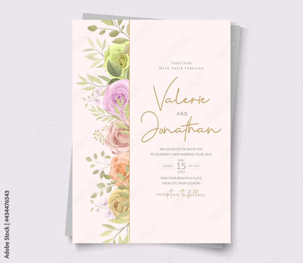 Elegant wedding invitation template with soft color floral ornament