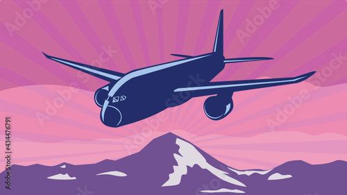 WPA poster art of a jumbo jet plane or airplane flying over mountains with sunburst in background done in works project administration or federal art project style.