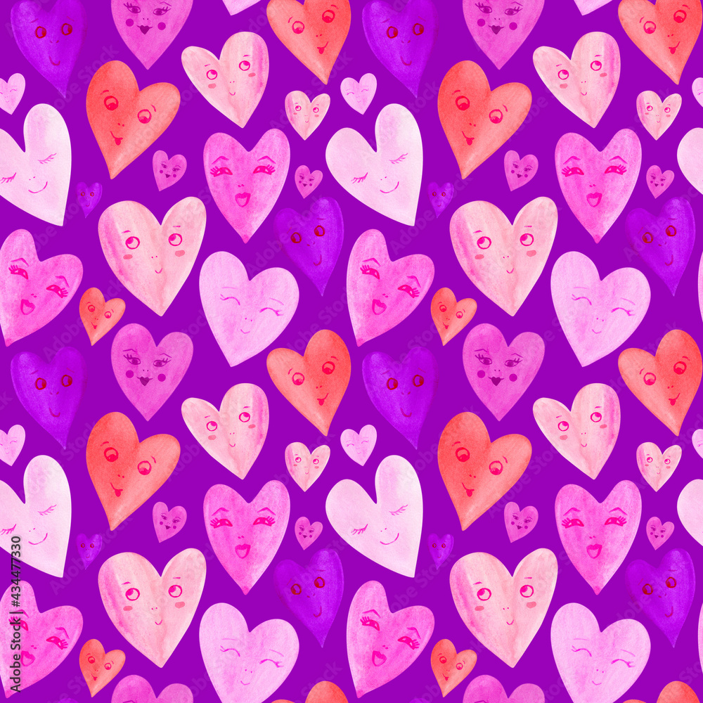 Colorful seamless pattern with smiling watercolor hearts. 