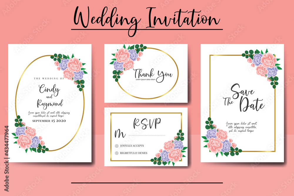 Wedding invitation frame set, digital art hand drawn Watercolor Pink and Purple Rose Flower design Invitation Card Template