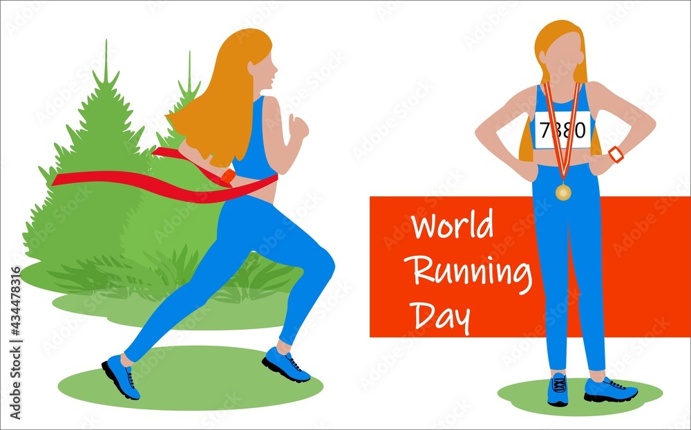 Postcard set congratulations on the world running day, June 2. Flat