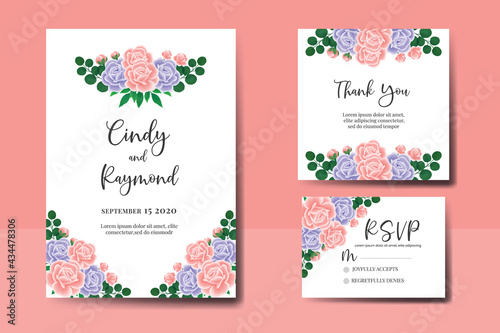 Wedding invitation frame set  digital art hand drawn Watercolor Pink and Purple Rose Flower design Invitation Card Template
