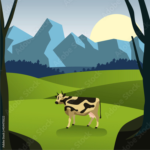 countryside with fields, cow in the center, mountains in the background