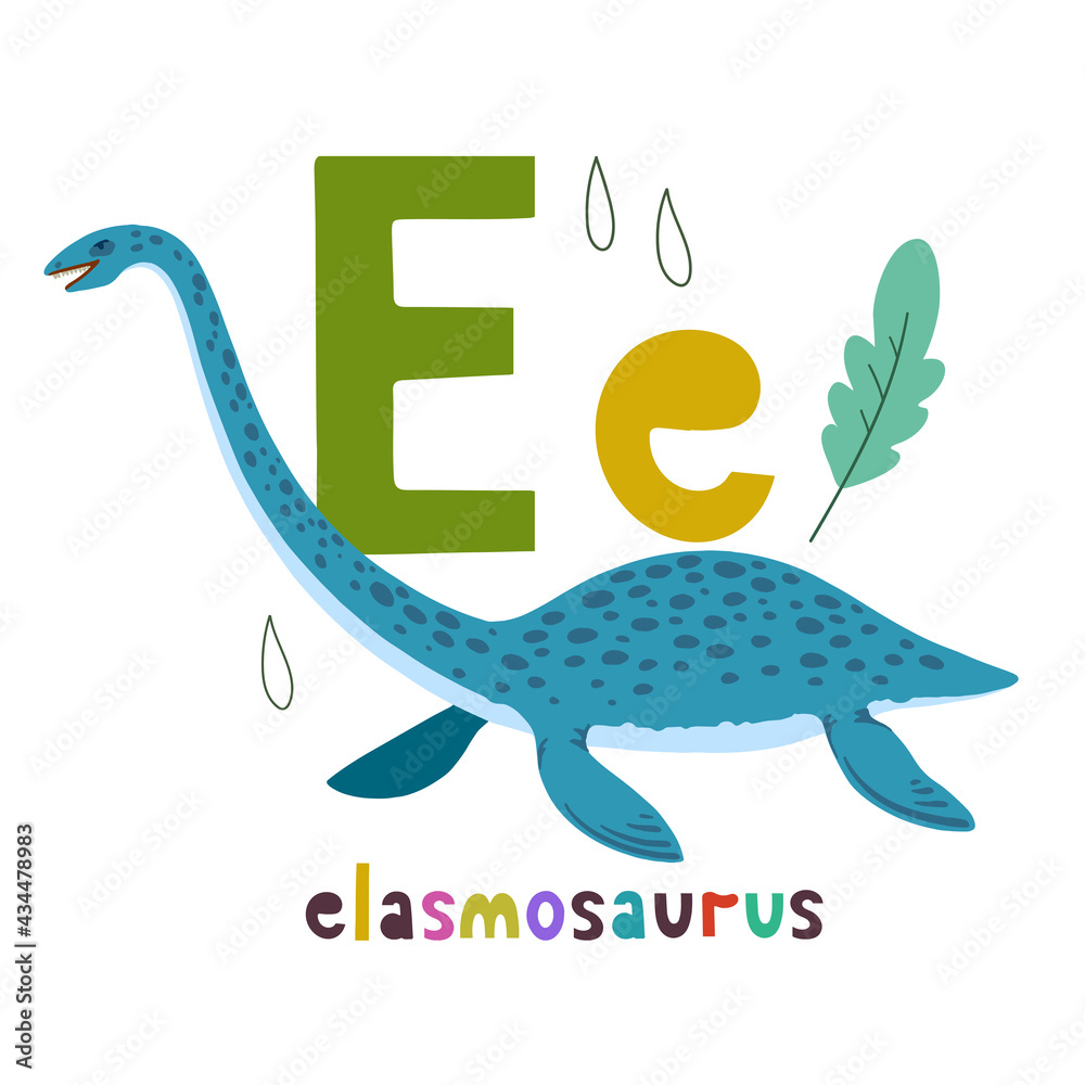 Elasmosaurus. Cute cartoon hand drawn illustration with dinosaur and E
