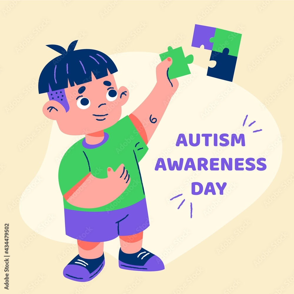 Cartoon World Autism Awareness Day Illustration With Puzzle Pieces_10