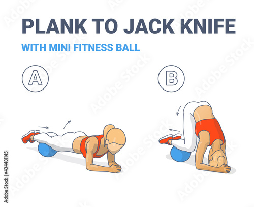 Female Doing Plank to Twist Jack Knife with Mini Fit Ball Home Workout Exercise Guide Illustration.