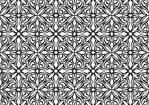 abstract seamless mosaic drawn with flowers and ornaments in folk style on a white background for coloring, vector