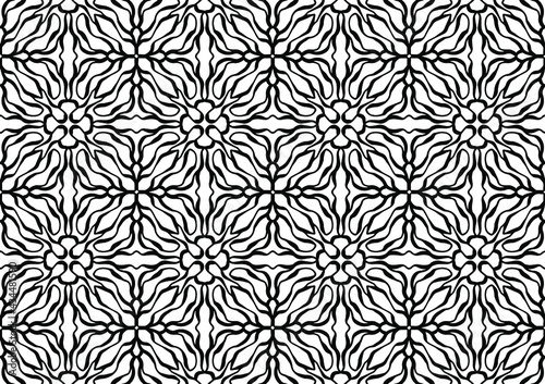 tile with floral ornaments and figures in folk style on a white background for coloring, vector, seamless tile