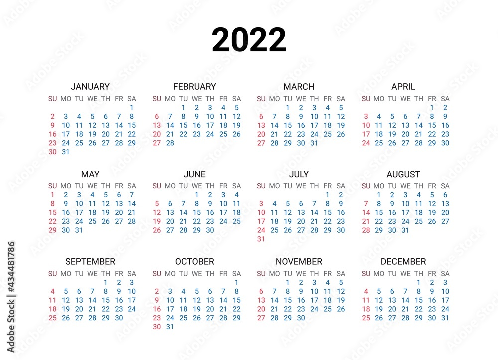 2022 year American calendar. Classical, minimalistic, simple design. White background. Vector Illustration. Week starts from Monday.