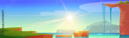 Waterfall landscape, scenery cartoon background with river stream flowing throw rock cliff to mountain lake or sea. Cascade falling water jet pour from above, stones, shining sun Vector illustration