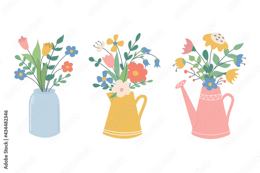 Obraz premium A set of cute beautiful flower bouquets in a jar, jug and watering can. Vector image in a flat style on a white background. Floral decor for invitations, postcards, stickers