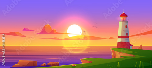 Lighthouse on sea shore at sunset, beacon building at scenery dusk view, nature ocean landscape with rocky coast under cloudy sky with flying gulls. Nautical seafarer, Cartoon vector illustration