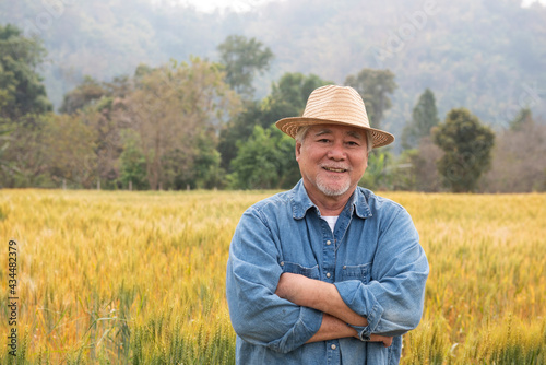 Portrait of smiling senior farmer standing at the wheat field edge and satisfied with future harvest