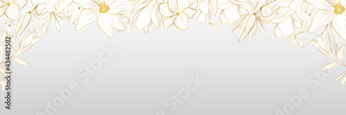 Vector banner with gold flowers in line art style. Golden flowers of lilies.